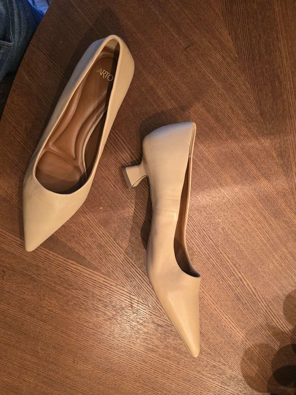 Franco Sarto Pointed Toe Low Block Heel Pumps in Light Beige
